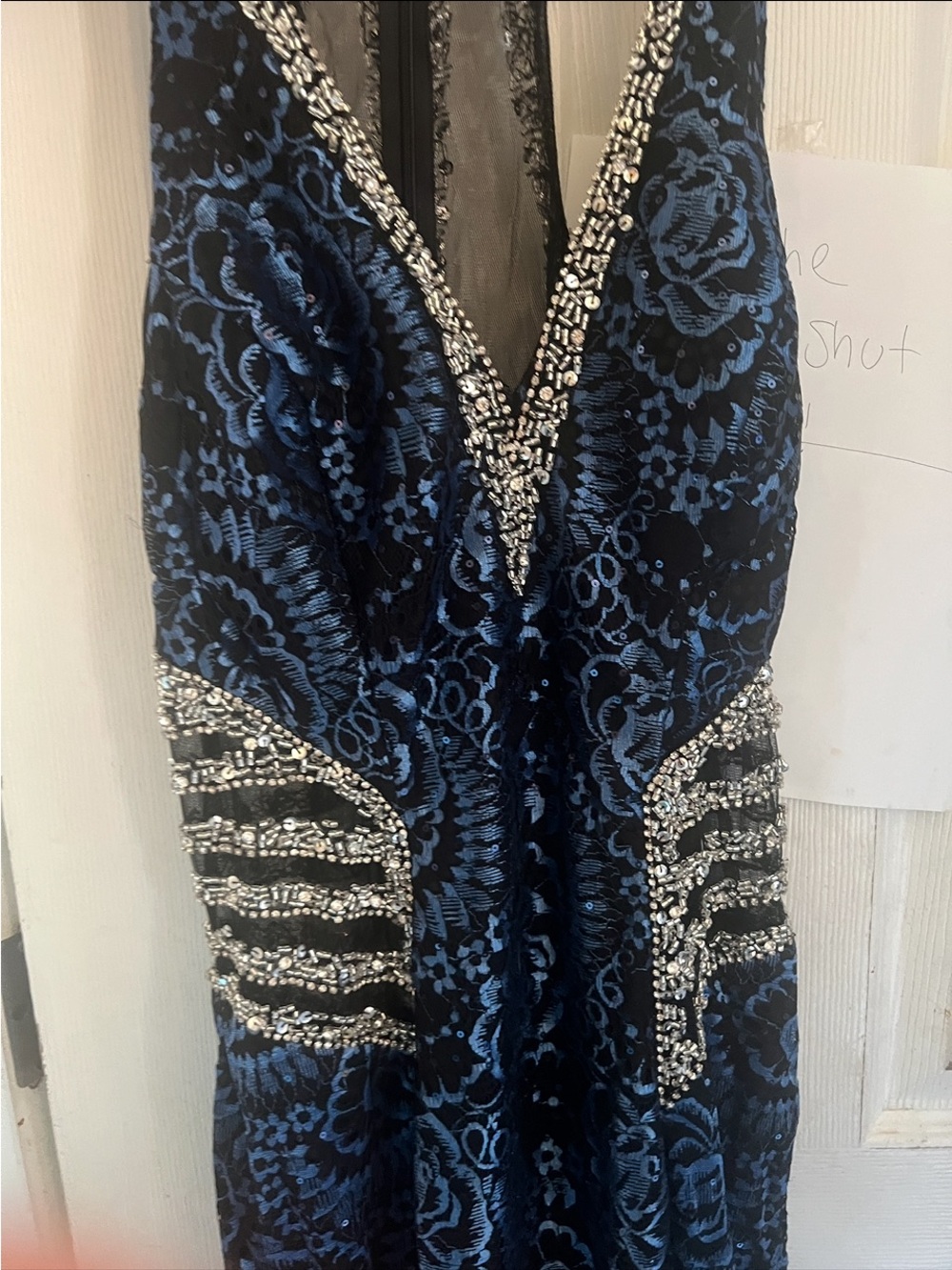 Elegant Beaded Deep V- Neck Blue Lace Evening Dress